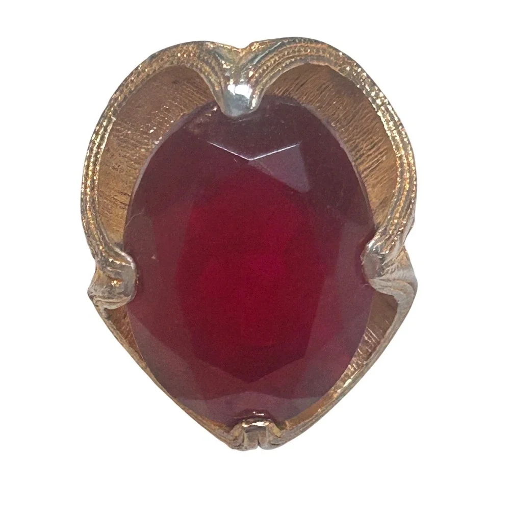 Vintage Red Glass Cocktail Ring Gold Tone Textured Adjustable Statement Ring
